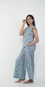 Green with Magenta Floral Print Night Suit (Top & Bottom)