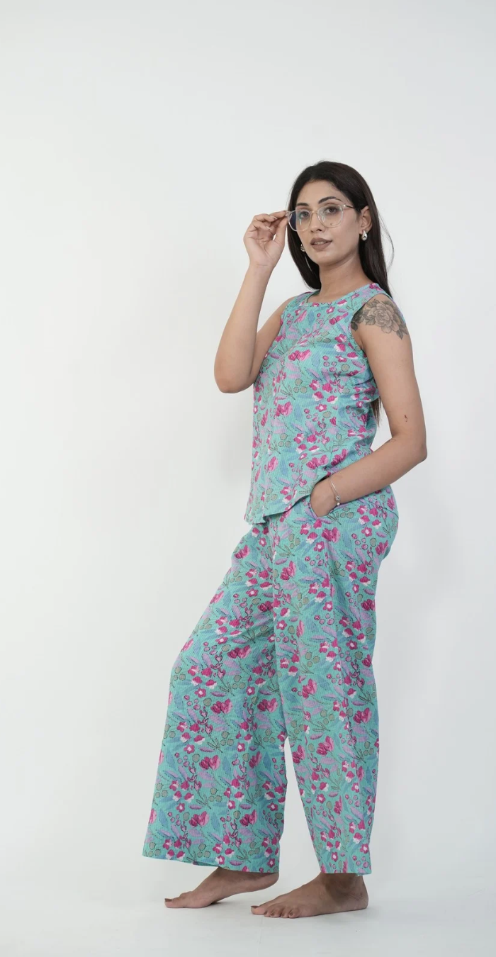 Green with Magenta Floral Print Night Suit (Top & Bottom)