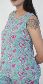 Green with Magenta Floral Print Night Suit (Top & Bottom)