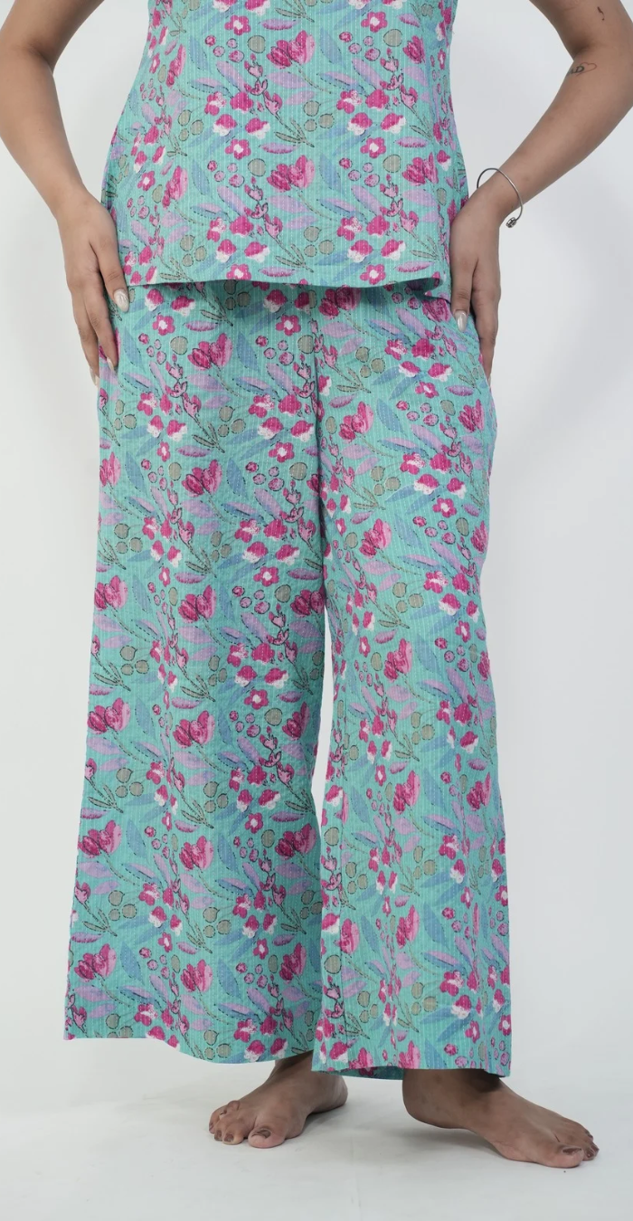 Green with Magenta Floral Print Night Suit (Top & Bottom)