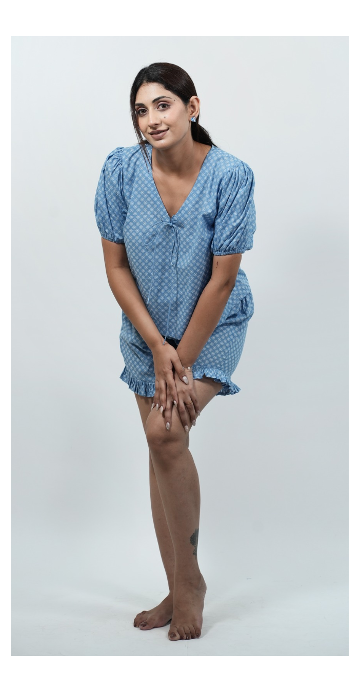 Blue Night Dress Shorts & Top set – Trendy Women’s Nightwear
