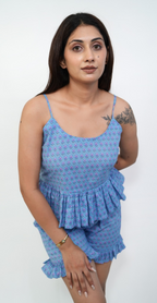 Blue  Floral Print Night Suit – Peplum Top with Shorts Set