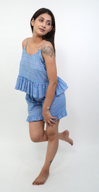 Blue  Floral Print Night Suit – Peplum Top with Shorts Set
