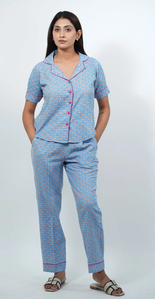 Blue printed night suit by SARALATA featuring a comfortable top and bottom, perfect for casual, relaxed sleepwear.