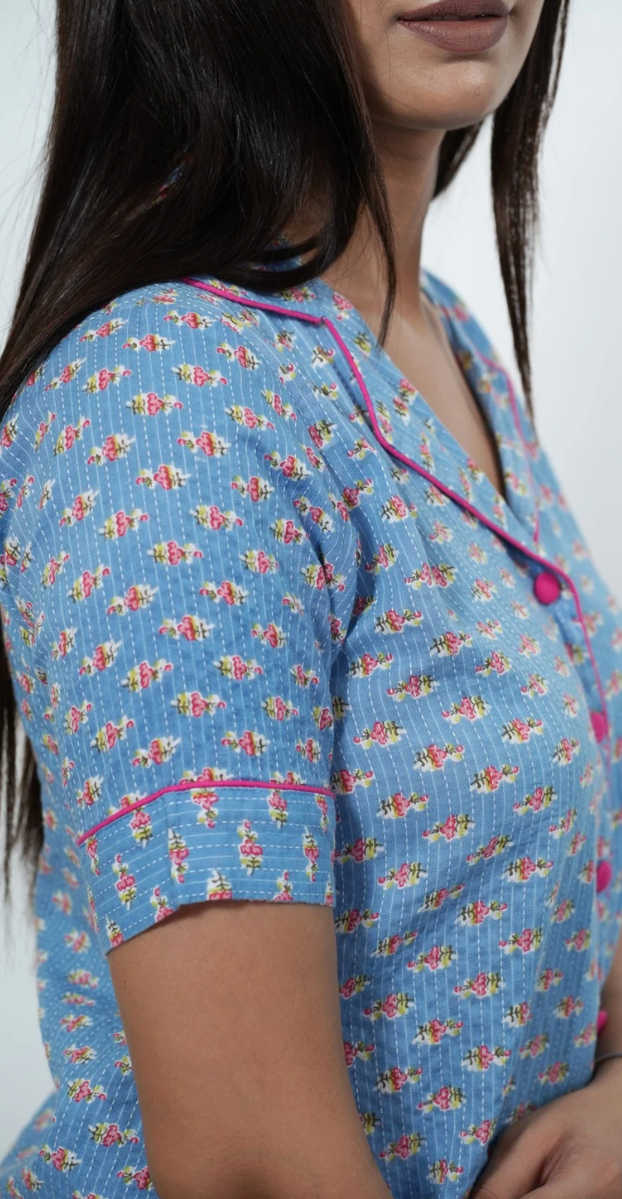 Blue Printed Night Suit – Casual & Comfortable Nightwear (Top & Bottom)