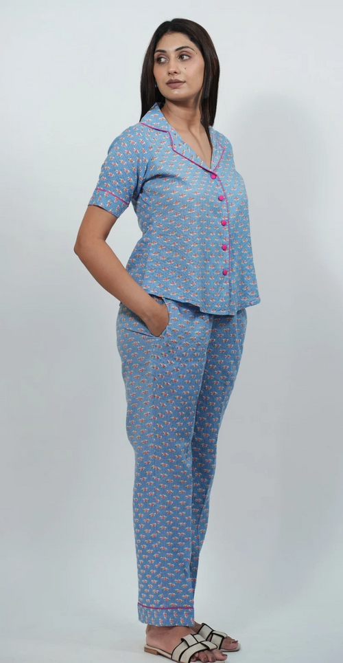 Blue printed night suit by SARALATA featuring a comfortable top and bottom for casual sleepwear.