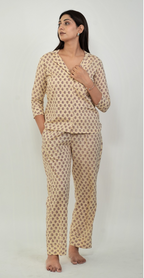 Beige Printed Night Suit – Elegant Cotton Sleepwear (Top & Bottom)