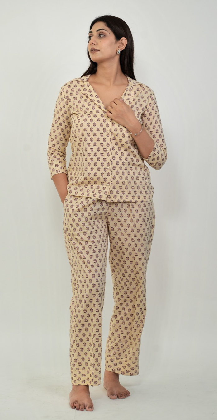 Beige Printed Night Suit – Elegant Cotton Sleepwear (Top & Bottom)