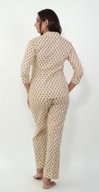 Beige Printed Night Suit – Elegant Cotton Sleepwear (Top & Bottom)
