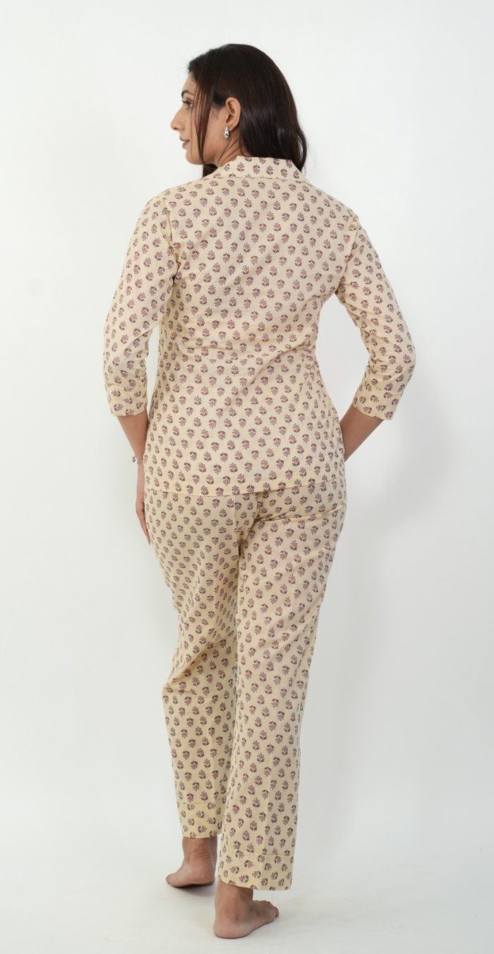 Beige Printed Night Suit – Elegant Cotton Sleepwear (Top & Bottom)