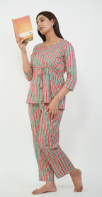 Multi-Color Striped Night Suit – Trendy Cotton Sleepwear (Top & Bottom)