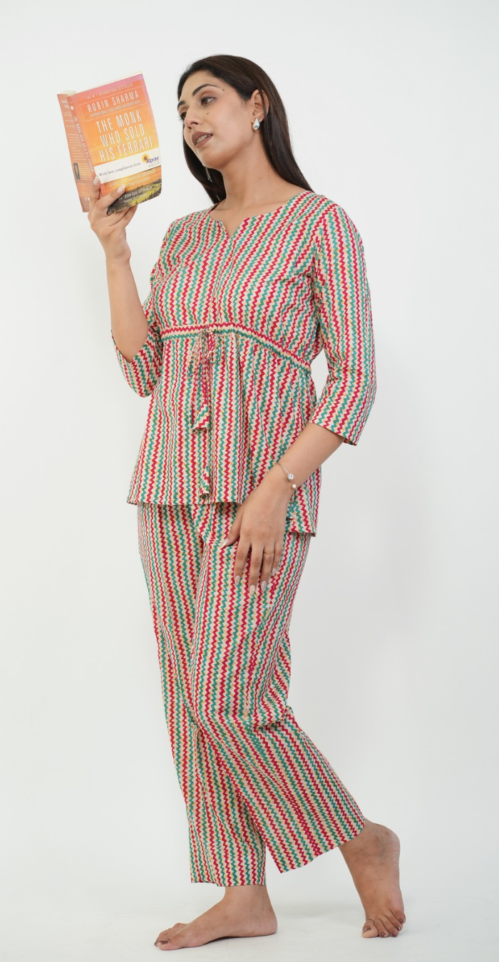 Multi-Color Striped Night Suit – Trendy Cotton Sleepwear (Top & Bottom)