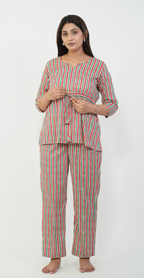 Multi-Color Striped Night Suit – Trendy Cotton Sleepwear (Top & Bottom)