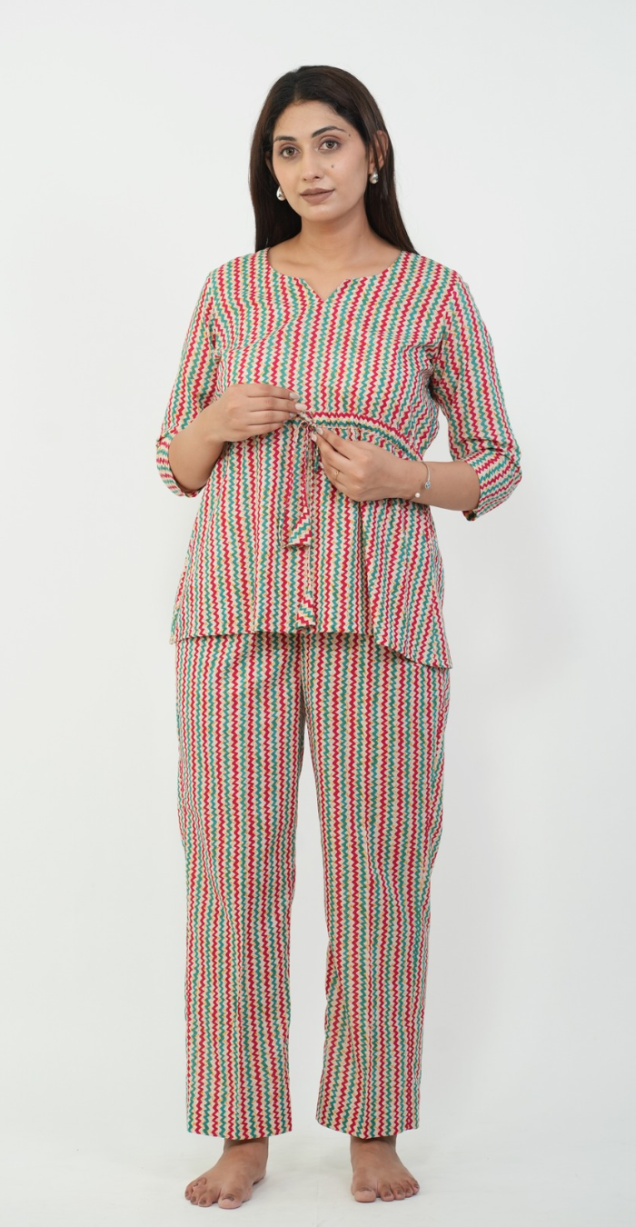 Multi-Color Striped Night Suit – Trendy Cotton Sleepwear (Top & Bottom)