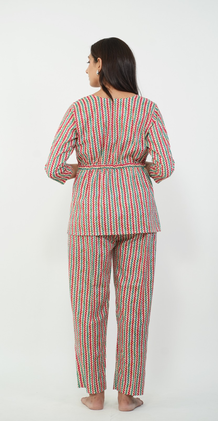 Multi-Color Striped Night Suit – Trendy Cotton Sleepwear (Top & Bottom)